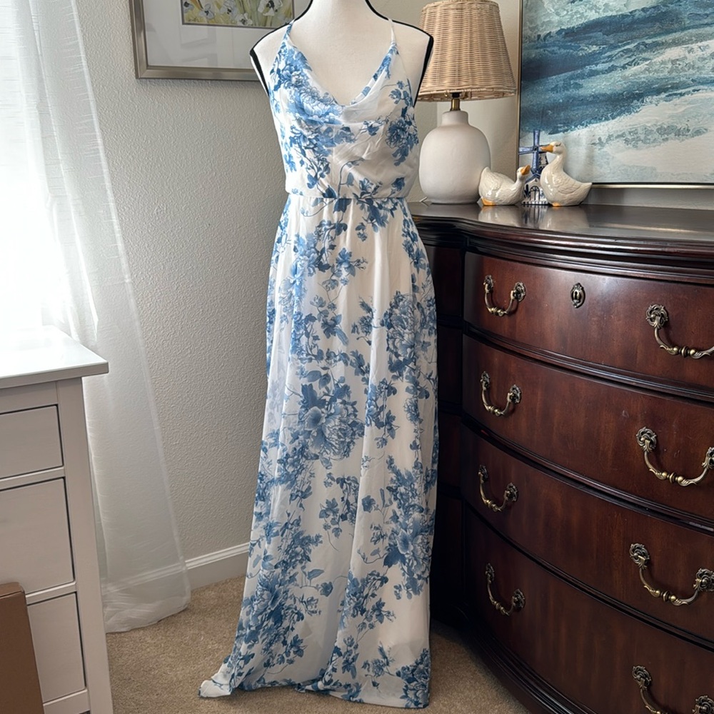 SOFT COWL-NECK A-LINE MAXI DRESS W/ ADJUSTABLE STRAPS IN COTTAGE ROSE